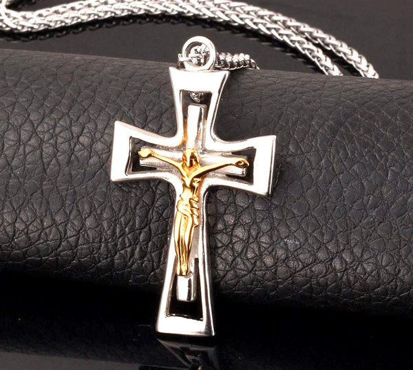 Silver and Gold Cross Crucifix Necklace Gothic Men Waterproof Stainless Steel 2 Color Chain Jesus Catholic Orthodox Crucifix