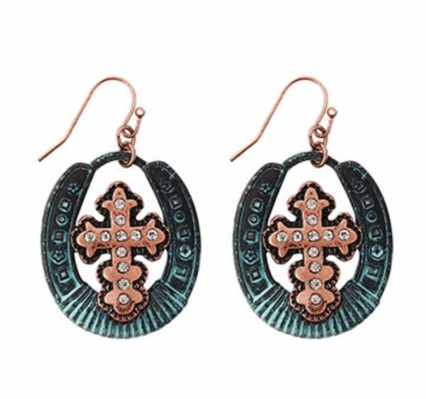 Turquoise Horseshoe Earrings Copper Western Crystal Cross Drop Dangle Jesus Crucifix Drop Womans Christian Jewelry Girls Turquoise Jewellery