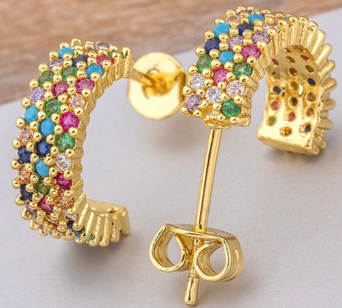 Multi color CZ gold hoop cuff earrings for weddings bridesmaid stud inlay for women girls rainbow colors jewellery jewelry