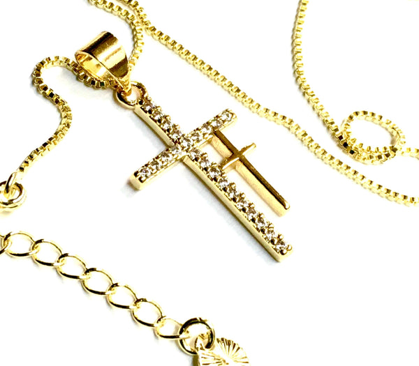 Double 2 Cross Necklace Gold My Redeemer Lives Two Crosses of Calvary CZ Pendant for Woman Zircon Jewelry