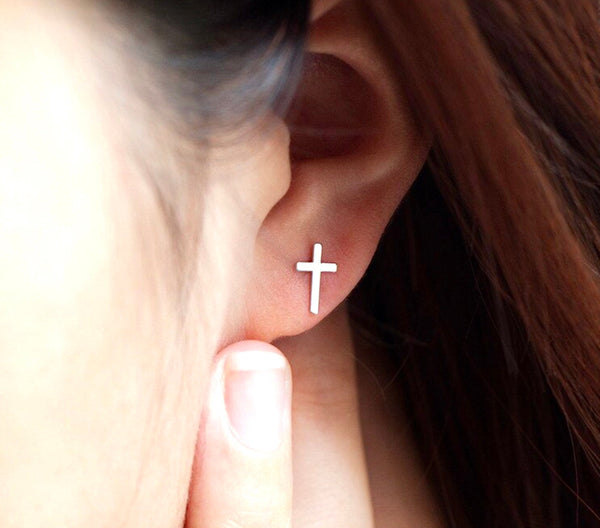 Dainty solid sterling silver cross stud earrings S925 for girls women hypoallergenic silver jesus cross wedding jewelry simple post christ