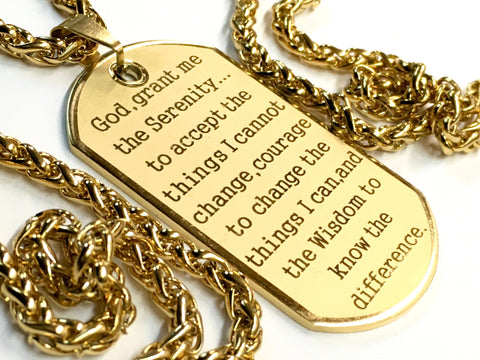 Raised Lettering Serenity Prayer Necklace Dog Tag Gold Silver Thick Chain Exclusive Design Pendant for Mens Boys Waterproof Stainless Steel