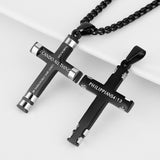 I can do all things Cross Necklaces for Men Silver Black through christ who strengthens me Pendant Stainless Steel Chain Philippians 4:13