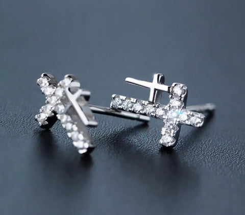 Silver Double Cross Earrings Solid Sterling S925 2 Crosses of Calvary CZ for Woman Zircon Jewelry