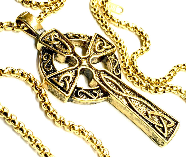 Celtic Cross Mens Necklace Irish Knot Crucifix Waterproof Super Thick Cast Large Cross Vintage Filigree Viking Heavy Box Chain Jewelry