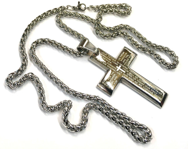 Heavy Lords Prayer Crucifix Cross Necklace for Men Silver Heavy Waterproof Stainless Steel Wheat Chain Jewelry Boys Catholic Cross of Jesus