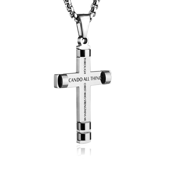 I can do all things Cross Necklaces for Men Silver Black through christ who strengthens me Pendant Stainless Steel Chain Philippians 4:13