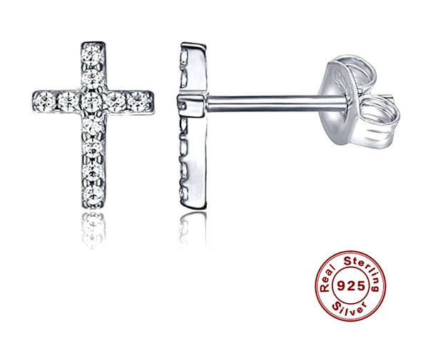 Sterling Silver Cross Earrings Stud Super Tiny Dainty Petite with Crystal Inlayed Zircon CZ Wedding for Girls jewelry bridesmaids jewellery