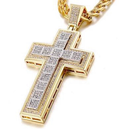 Square Bling Crucifix Cross Necklace for Men Swag Silver Gold CZ Heavy Stainless Thick Curb Chain Jewelry Iced Out Rapper