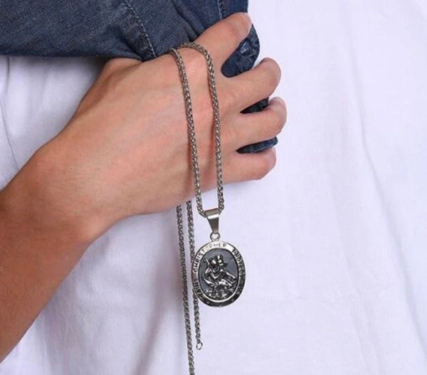 Saint Christopher Necklace Mens Medal Protect Travelers Silver Black Gold All Stainless Steel Medallion Patron Saint