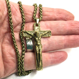 Solid Brass Crucifix Necklace Matching Cross Bronze Chain Heavy Thick Cross Pendant Necklace for Men Women Christian Jewelry