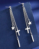 Chain Cross Star Earrings 3 Strand Silver Bohemian Dangle Long Drop Chain Boho Jesus Pendant for Women