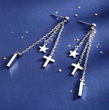 Chain Cross Star Earrings 3 Strand Silver Bohemian Dangle Long Drop Chain Boho Jesus Pendant for Women