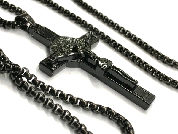 All Black Saint Benedict Crucifix Medal Cross Catholic Orthodox Light Weight Chain Necklace for Men Black Religiou San Benito Jesus