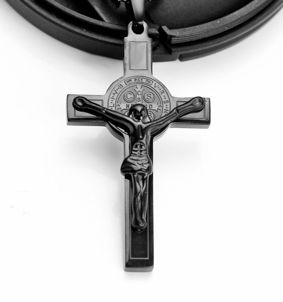 All Black Saint Benedict Crucifix Medal Cross Catholic Light Weight Ch ...