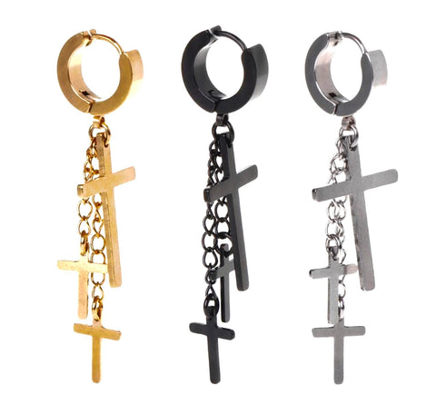 Multi 3 Cross Earrings Gold Black Silver Chain Mens Hipster Club Dance Punk Earrings Waterproof Hypoallergenic Dangle Long Drop Jesus