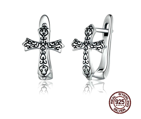 Solid Sterling Silver Cross Cuff Earring Vine Prayer S925 Hypoallergenic Lever Back Elegant Dainty Sparkling Jewelry young girls