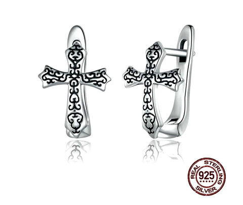 Solid Sterling Silver Cross Cuff Earring Vine Prayer S925 Hypoallergenic Lever Back Elegant Dainty Sparkling Jewelry young girls