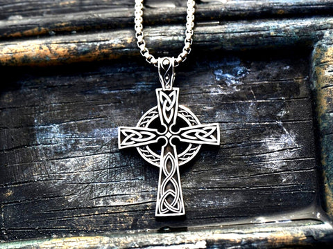 Silver Cross Necklace Celtic Irish Knot Crucifix All Stainless Steel Waterproof Hypoallergenic Cross Vintage Viking Smooth Box Chain Jewelry