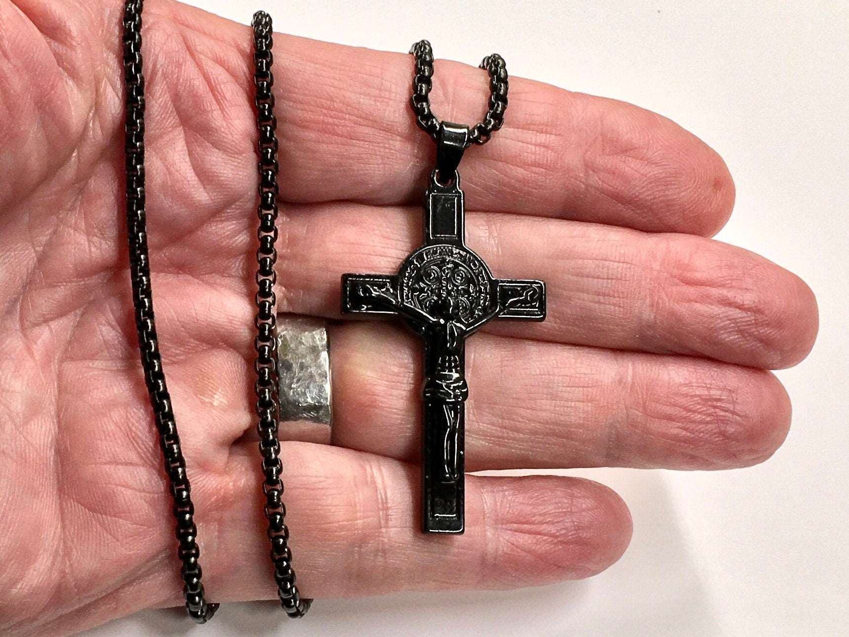 All Black Saint Benedict Crucifix Medal Cross Catholic Light Weight Ch ...