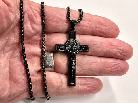 All Black Saint Benedict Crucifix Medal Cross Catholic Orthodox Light Weight Chain Necklace for Men Black Religiou San Benito Jesus