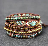 5 row wrap bracelet 5 strand cuff tiger eye and turquoise woven beads boho bohemian yoga leather southwest jewelry women girls jewelry