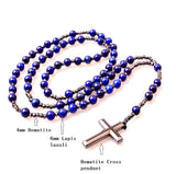 Tiger Eye and Lapis Lazuli Rosary Beads Natural Stone Hematite Crucifix Catholic Prayer Beads Virgin Mary Pendant Jesus Women Necklace