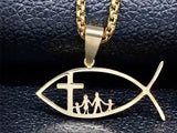 Set - Mothers Cross Fish Family Necklace Earring Set Christmas Mother day Gold Box Ichthus Ichthyic Greek Jesus Fish Pendant