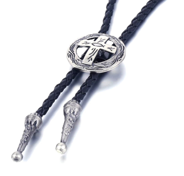 Traditional Western Cowboy Cross Bolo Tie crucifix necklace silver Black Draw String cross suit tie Cord Square Dance Western wear Jesus