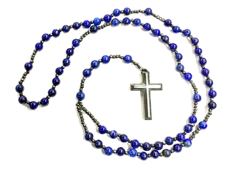 Tiger Eye and Lapis Lazuli Rosary Beads Natural Stone Hematite Crucifix Catholic Prayer Beads Virgin Mary Pendant Jesus Women Necklace