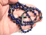 Tiger Eye and Lapis Lazuli Rosary Beads Natural Stone Hematite Crucifix Catholic Prayer Beads Virgin Mary Pendant Jesus Women Necklace