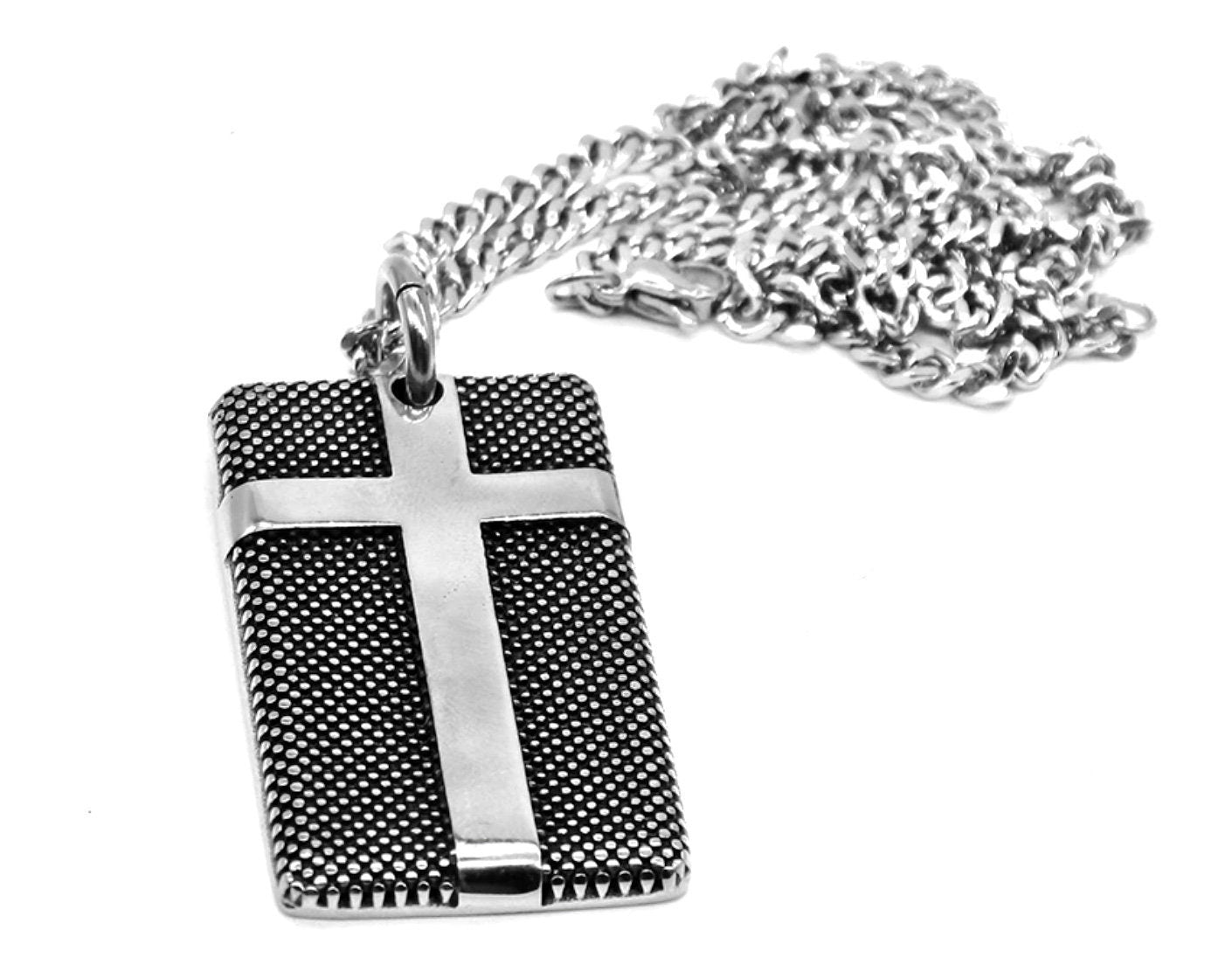 Solid stainless steel cross dog tag necklace knurled engraved detail b ...