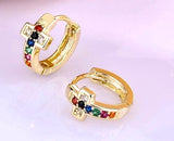 Tiny Cuff Cross Earrings Gold Silver Sapphire Rainbow Colored CZ Blue Small Hinged Design Classic Alluringly Girls Jewelry for Women