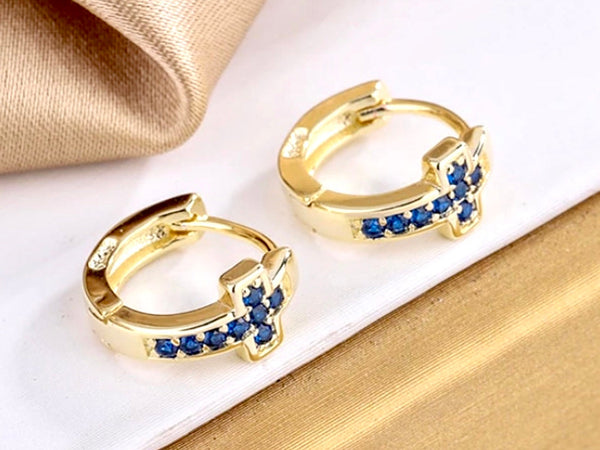 Tiny Cuff Cross Earrings Gold Silver Sapphire Rainbow Colored CZ Blue Small Hinged Design Classic Alluringly Girls Jewelry for Women