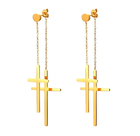 2 cross earrings double tassel double chain cross of jesus in all waterproof hypoallergenic stainless steel