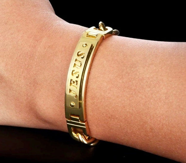 Raised Lettering Jesus Engraved Cuff Bracelet Curb Bangle Gold Silver Stainless Steel Jewelry for Men