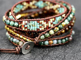 5 row wrap bracelet 5 strand cuff tiger eye and turquoise woven beads boho bohemian yoga leather southwest jewelry women girls jewelry
