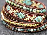 5 row wrap bracelet 5 strand cuff tiger eye and turquoise woven beads boho bohemian yoga leather southwest jewelry women girls jewelry