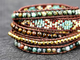 5 row wrap bracelet 5 strand cuff tiger eye and turquoise woven beads boho bohemian yoga leather southwest jewelry women girls jewelry