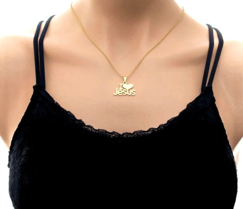 High Luster I Love Jesus Monogram Gold Choker Necklace Pendant Necklace for Women Girls Cross of Jesus Jewelry Jewellery