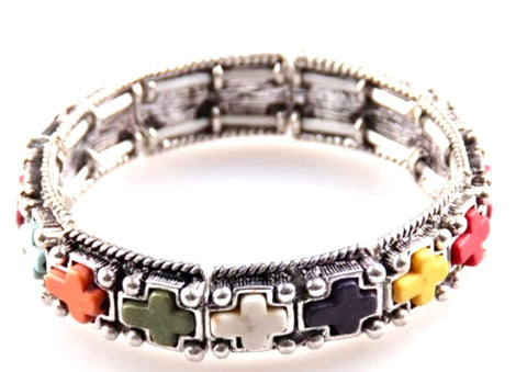 Cross Stretch Bracelet multicolor semi precious stones Boho Bohemian Hippie inlay Silver Bangle Vintage SouthWest Jewelry for Women Cuff