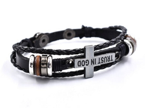 Trust In God Bracelet Leather 3 Wrap Cross Men and Women Cuff Silver Cross Bangle Heavy Design Christian Jewelry Jewellery