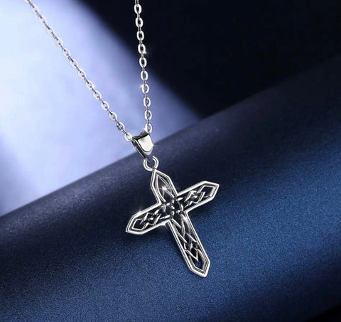 Irish Celtic Solid Sterling Silver Cross Necklace S925 Pendant for Women Cast Jewelry link Chain Jewellery for Girls