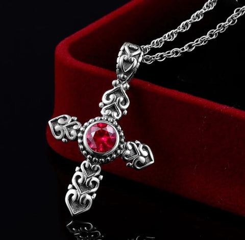 925 Solid Sterling Silver Red Ruby Cross Vintage Antique Necklace S925 Pendant for Women Cast Jewelry link Chain Jewellery for Girls