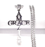 Set - Amazing Grace Cross Necklace Earrings for Men or Women Silver Pendant Jesus Hope Waterproof Hypoallergenic Stainless Steel Ephesians 2:8'9