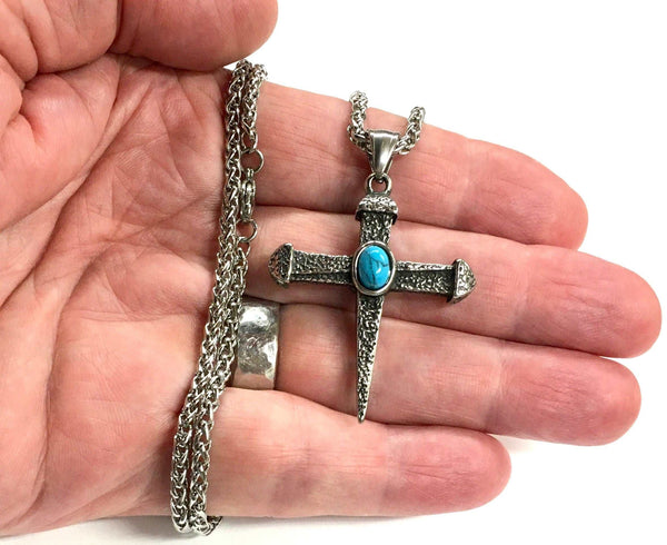 Classic Mens Nail Necklace all Waterproof Stainless Steel Turquoise Hammered Finish Stone Pendant Choker Anime Prayer Pendant Boys Crucifix