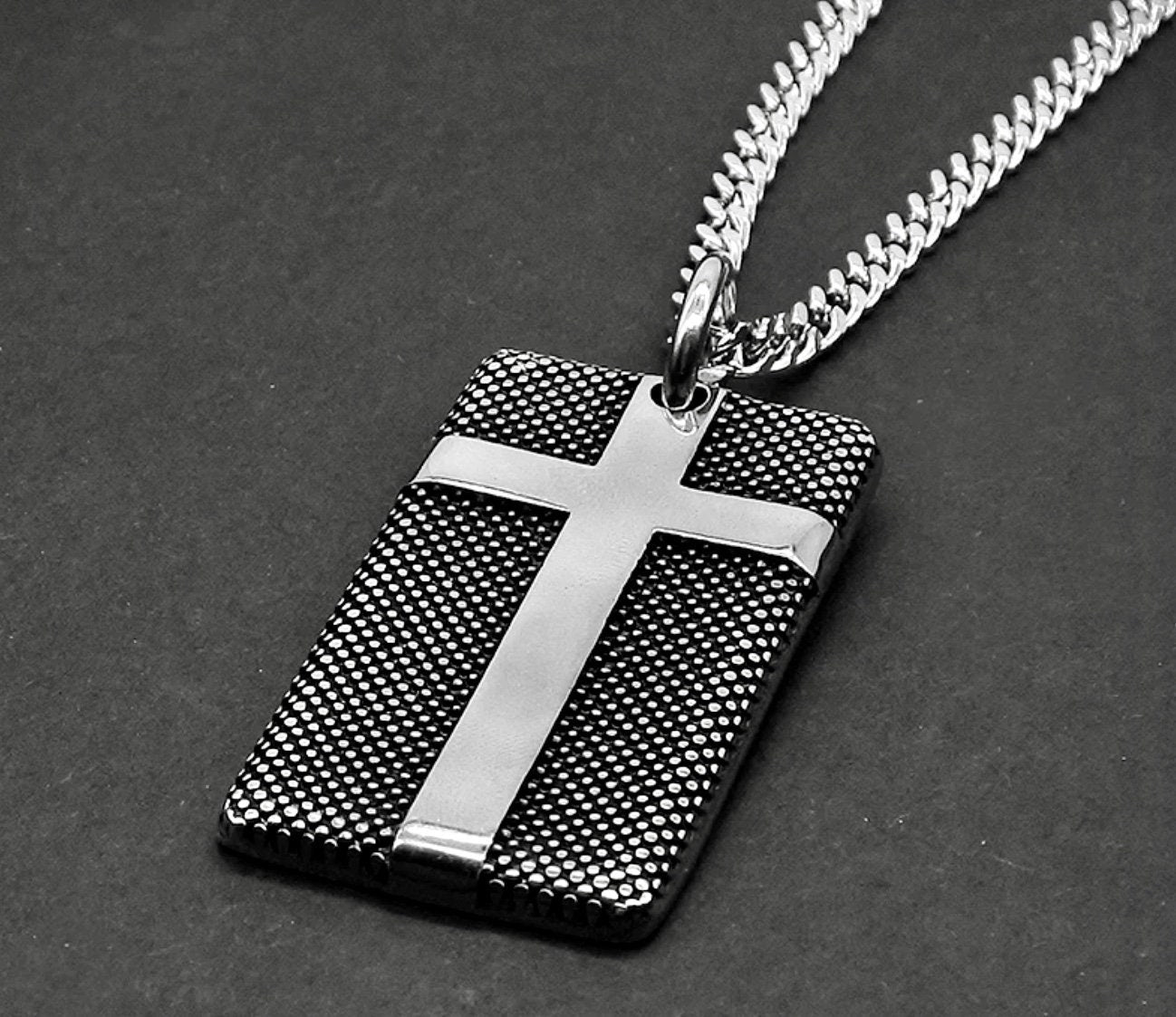 Solid stainless steel cross dog tag necklace knurled engraved detail b ...