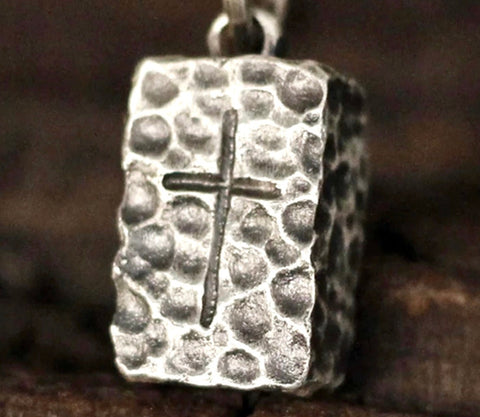 Hammered rectangle medallion cross viking crucifix cornerstone ancient brick weathered for man waterproof stainless biker