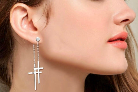 2 cross earrings double tassel double chain cross of jesus in all waterproof hypoallergenic stainless steel