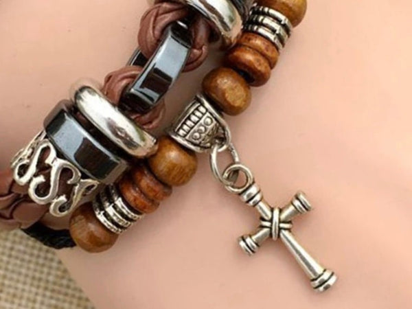 Cross Bracelet Leather 3 Wrap Cross Men and Women Cuff Silver Cross Bangle Heavy Design Christian SouthWest Jewelry Jewellery